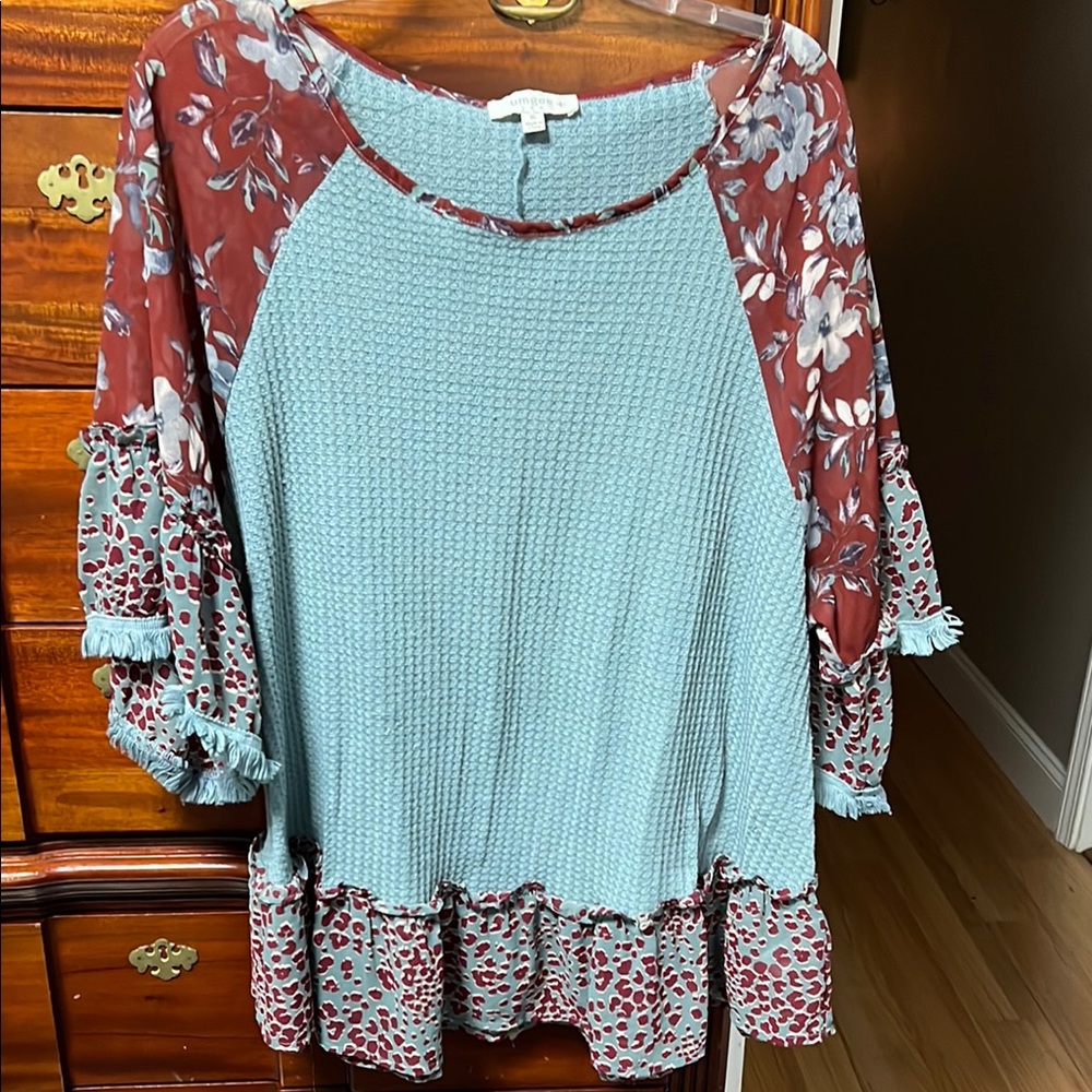 Umgee Blue and Red Patchwork Flutter Sleeve Top